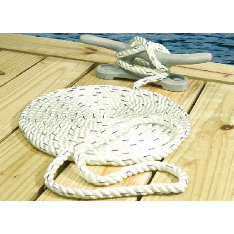 Seachoice – Premium 3 Strand Twisted Nylon Dock Line 5/8 x 30′  – 47611 –  White With Blue Tracer