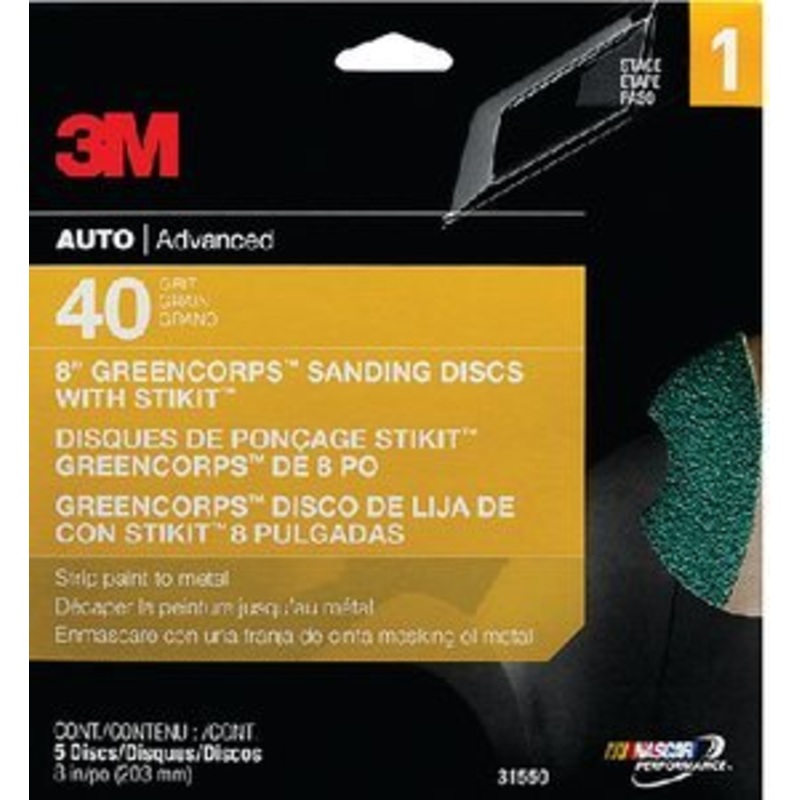3M – Green Corps Sanding Disc with Stikit Attachment – 8 inch – 40 Grit – 5 Pack – 31550